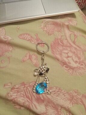 Silver & Blue Rhinestone Bling Cat Keychain